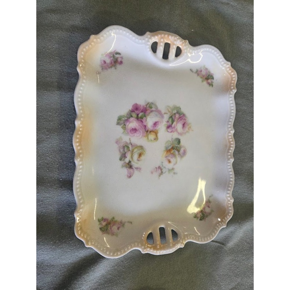 Vintage P.K. Silesia Porcelain Rectangular Trinket Dish Pink Rose Floral 9.25"